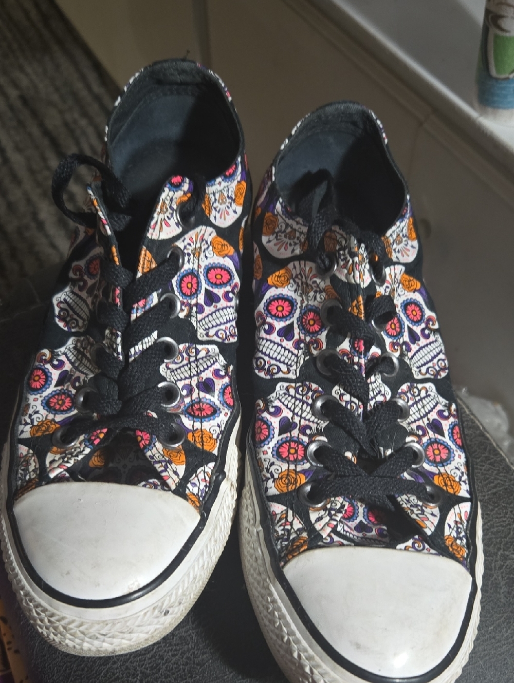 Converse Sneakers with Black Canvas and Colorful Sugar Skull Accent, Mens 7
